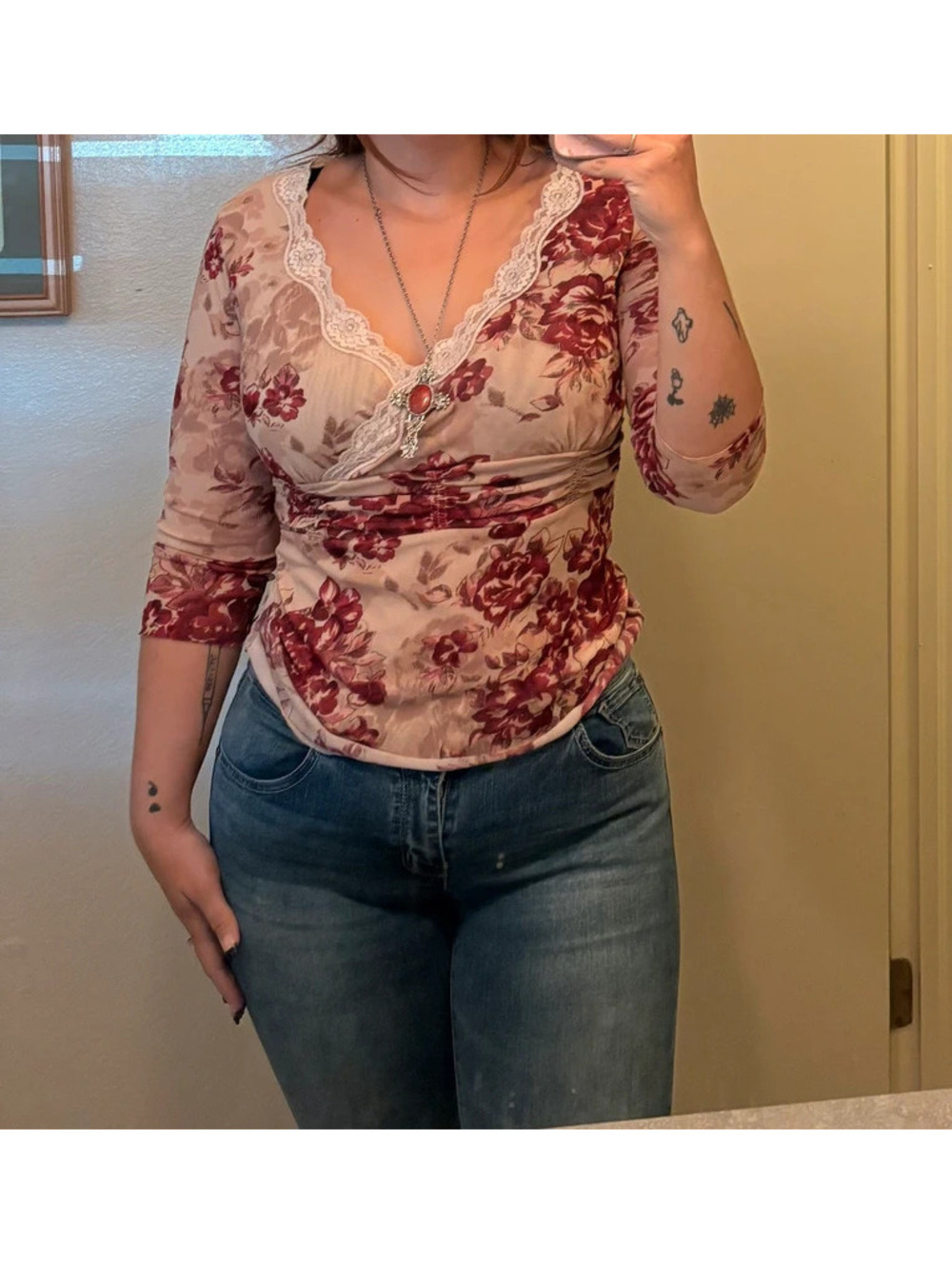 Romantic Soft Girl Cottagecore Coquette Pink Lace V Neck Quarter Sleeve